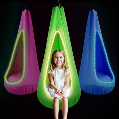 Sibosen Light Up Kids Pod Swing Seat, Sensory Swing for Kids with Remote Control USB LED Lights and Inflatable Cusion, Hanging Hammock Chair with Pocket for Autism Outdoor and Indoor Cover