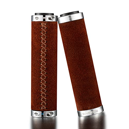 ROCKBROS(ロックブロス)自転車 グリップ クロスバイクグリップ 滑り止め ハンドルグリップ 衝撃吸収 ダブルロックオン固定 φ22.2mm用 握りやすい スエード革 柔らかい MTB ママチャリ ブラウン 取り付け簡単