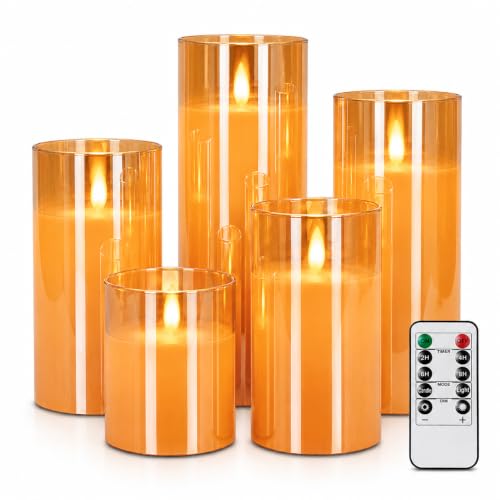 Image of LTETTES Set of 5 Premium LED Amber Glass Cup Pillar Candles with Real Wax with Moving Faux Wick | Battery Powered with Remote Controller | 3 inch H x4,5,6,7 inch,8 inch Dia | Ideal for Home Decor and Gifting