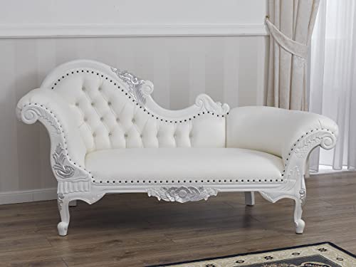Simone Guarracino Luxury Design Méridienne Canapé Joana Style Baroque Moderne Chaise Longue Blanc laqué et Feuille Argent Similicuir Blanc Boutons Crystal SW