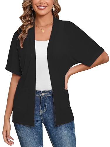 Image of Heymoments Women's Lightweight Open Front Cardigans Short Sleeve Casual Soft Knit Cardigan Sweaters with Pocket S-2XL