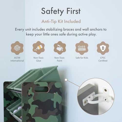 Image of Humble Crew Toy Storage Organizer with 12 Removable Storage Bins for Kids Playroom, 4-Tier Toddler Toy Organization, Army Green Camo