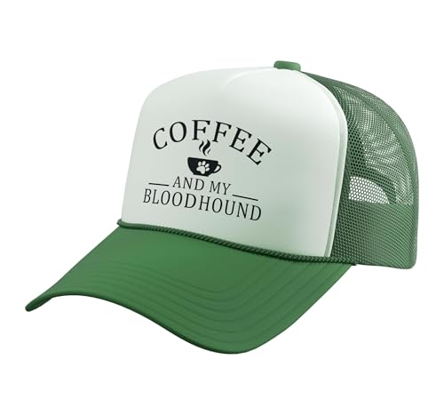 Bloodhound Dog and Coffee Trucker Hat with Adjustable Mesh Back, Kelly Green/White