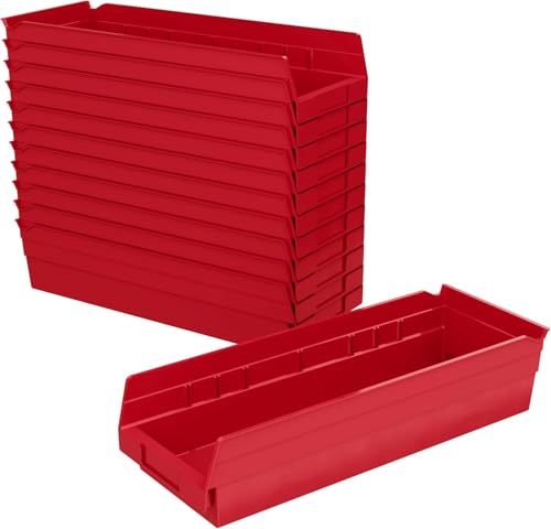 Akro-Mils 30138 Plastic Shelf Bins, Heavy Duty Storage Bins to Use for Garage Organization Bins, Closet Organizer, and Drawer Organizer, 18-Inch x 6-1/2-Inch x 4-Inch, Red, 12-Pack