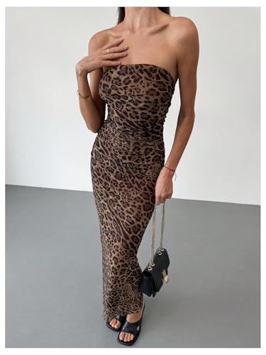 Image of GORGLITTER Women's Strapless Mesh Dinner Cocktail Tube Maxi Dress Y2K Summer Wedding Guest Sunset Prom Beach Sundresses Brown Leopard Small
