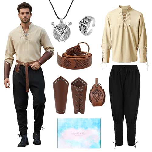 COYBTO Disfraz Caballero Medieval, Vestido Medieval Caballero con Pulsera Cinturón, Regalo para Hombre, Conjunto de Ropa de Época para Carnevale Cosplay Halloween Cumpleaños