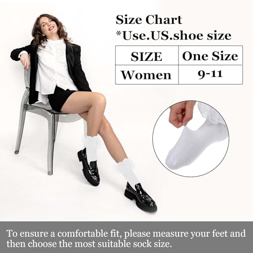 3 Pairs Big ruffle socks for women,Double Lace Ruffle Socks with Bows,women’s ankle sock,Size 9-11, White Black Red2