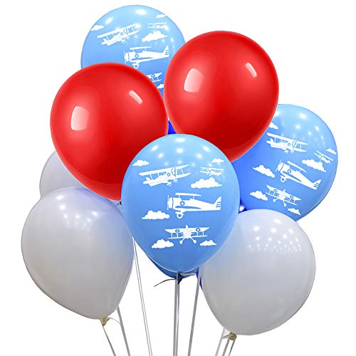 Propeller Airplane Print Balloons with White Red Blue Latex Balloons 80 Count