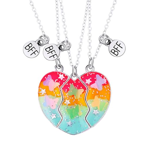 bfḟ Necklace for 3 - Best Friend Necklaces for 3, bfḟ Heart Magnetic Friendship Necklace, Rainbow Heart Friendship Necklace, Best Friends Forever Necklaces for 3, Matching Necklaces for Best Friends