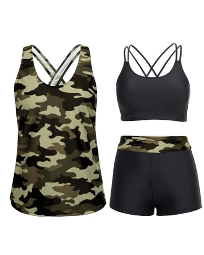 Image of Holipick 3 Piece Tankini Swimsuits for Women Tummy Control Bathing Suits Swim Tank Top with Bra Boy Shorts Teen Swimwear 2026