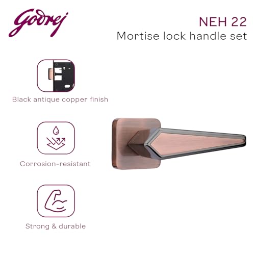 Image of Godrej Mortise Door Handle | Handle for Internal Doors, Bathroom Doors | NEH 22 | Retractable Baby Latch | Black Antique Copper Finish | Keyless Mechanism for Privacy | 5 Years Warranty