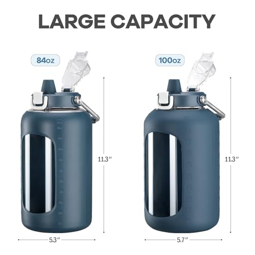 Image of WINSA 100 oz Glass Water Bottle with Straw, 3 Liter, Dark Blue | Gallon Drinking Bottle with Handle, Large Glass Water Jug, Silicone Sleeve, For Gym Sports, Wide Mouth