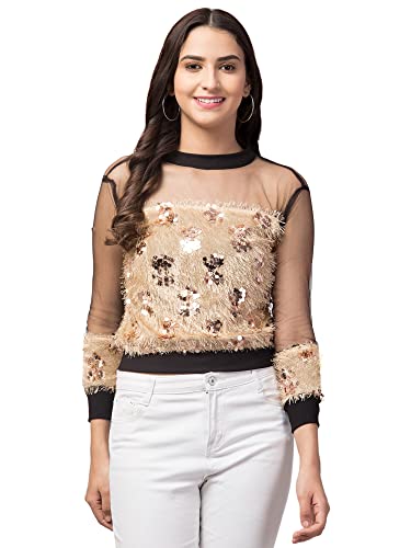 Image of NEOAMBER Women Stylish Sleeveless Sequin Net Western Cami Party Crop Top