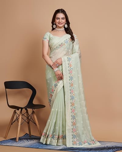 Image of VAIRAGEE Women Soft Organza Embroidery Traditional Flower Pattern Beautiful saree with unstitched blouse piece (6159)