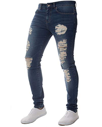 ZAXARRA Men's Stretchy Ripped Skinny Biker Jeans Slim Fit Denim Pants with Destroyed Hole (Dark Blue, US 33)