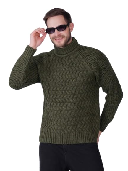Men's Olive Green Turtleneck Cable Knit Pullover Sweater-picture-10