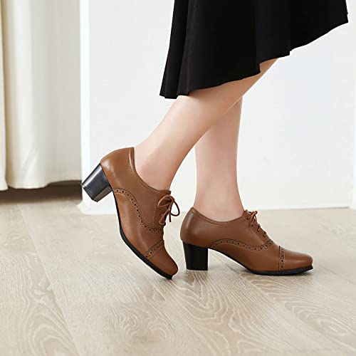 Shemee Women's Chunky Lace Up Vintage Oxfords Dress Pumps Round Toe Block Mid Heels Retro Brogues Shoes(Brown, Us 7) #TOP2