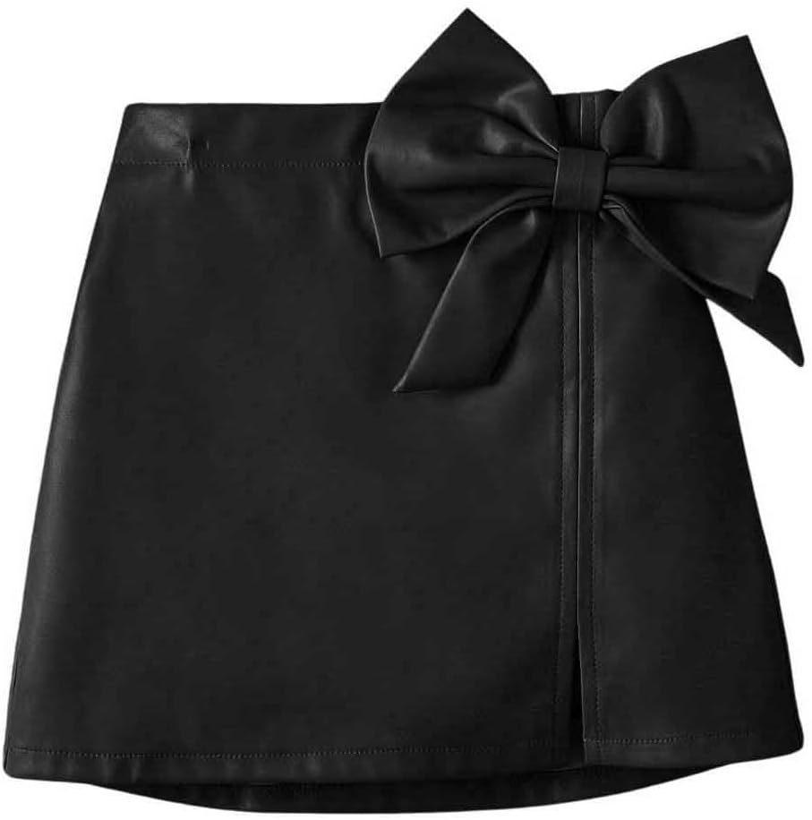 Girl's Cute PU Leather Skirt Elastic High Waist Split Hem Bow Front Mini Skirts