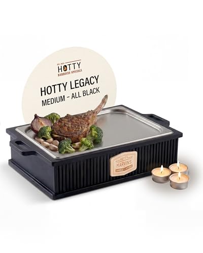HOTTY Legacy Warmhalteplatte fürs Grillen BBQ-Design Speisenwärmer mit personalisierbarem Batch Stövchen für Grillgut mit Kerzen Personalisiertes BBQ-Board für Grillpartys (All Black M)