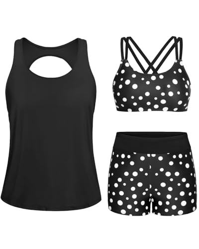 Image of Yonique 3 Piece Tankini Swimsuits for Women Swim Tank Top Bathing Suits with Boy Shorts and Bra Athletic Swimwear