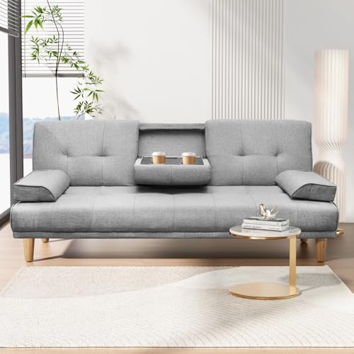 Artiss Sofa Bed, 3 Seater Futon Couch Lounge Recliner Chair Sleeper Sofas Home Bedroom Office Furniture, with 2 Cup Holder Cushion Pillow Chrome Leg Adjustable Backrest Grey