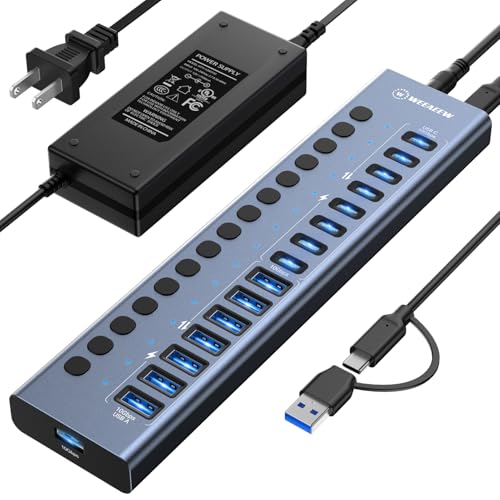WEEAEEW Powered USB 3.2 Hub 16 Ports Powered USB Hub with 10Gbps Data Speed USB Hub (8 USB-A 3.2 Ports+8 USB-C 3.2 Ports) with 96W Power Adapter for PC/Laptop Computer Flash Drive Printer Camera