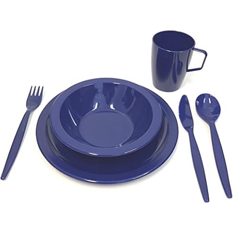 Harfield Royal Blue Camping Tableware Set - Plate, Bowl, Beaker and Cutlery - Reusable Virtually Unbreakable Polycarbonate Plastic Cover
