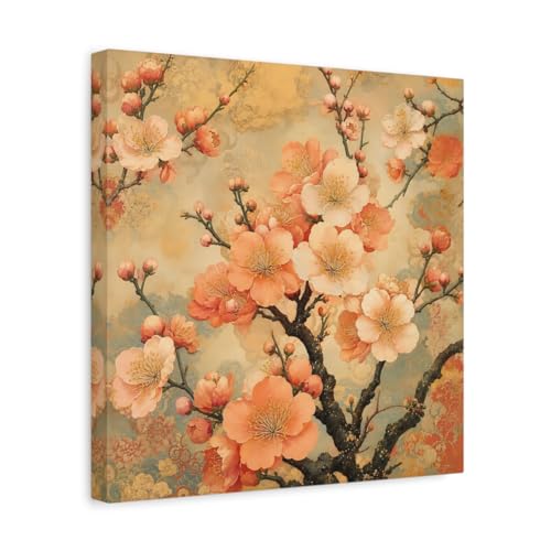 Toile florale cerisier japonais or et pêche de qualité premium 35x35cm