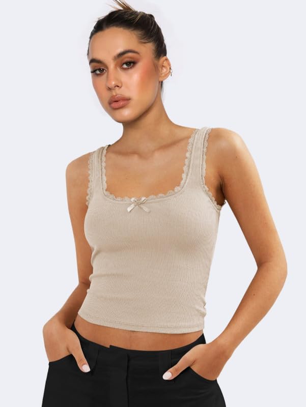 Haibang Damski podkoszulek elegancki letni czołg bez rękawów bawełna prążkowany podkoszulek z szerokim ramieniem seksowny slim fit koronkowa koszula Y2K Cami rozciągliwa koszulka