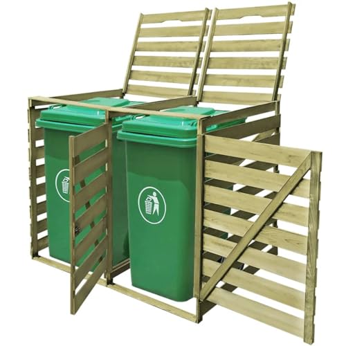 Gecheer Abri pour Poubelle Double 240 L Bois imprégné, Abri Range Poubelle Cache Conteneur Déchets avec Couvercles de Levage et 2 Portes pour Jardin, Pelouse, Terrasse, Extérieur