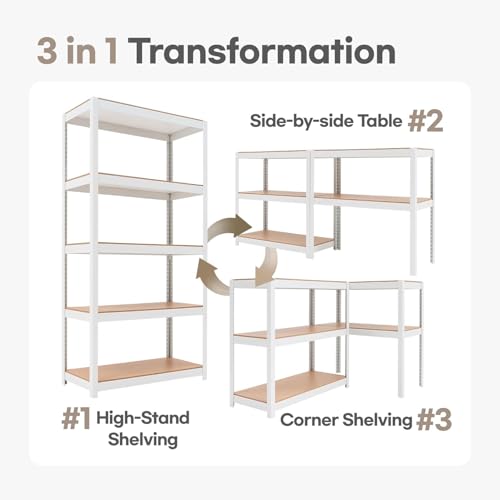 Image of Heavy Duty Metal Rack with Wooden Shelves (Adjustable), 30KG /Shelf, Boltless Storage Organizer, Multipurpose Display Shelves for Kitchen, Garage, Warehouse White-5 Layers