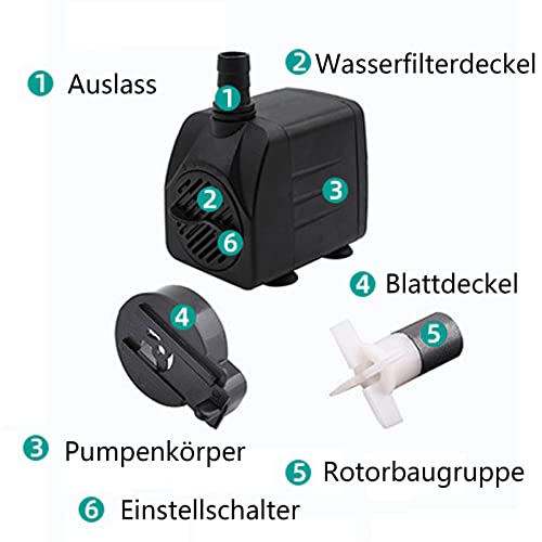 Mini Wasserpumpen(450L/H, 8W), Ultra Leise Aquarium pumpe mit hohem Hub, brunnenpumpe mit 1,5 m Netzkabel, 2 Düsen für Aquarien, Teich, Brunnen, Statuen