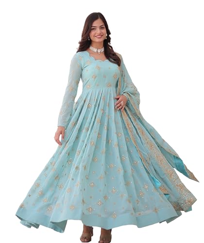 Fashion Basket Havy Georgette Embroidered Anarkali Dress For Women Sky Blue