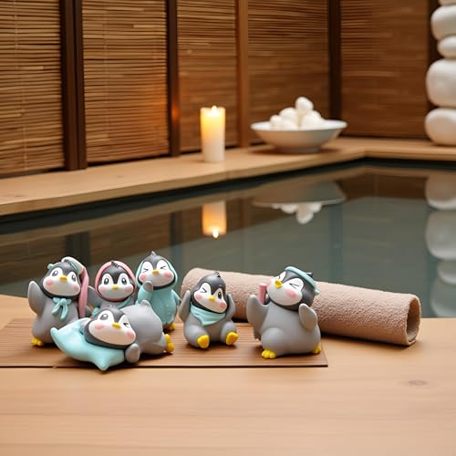 Image of Cute Penguin Spa Figurines Set of 6, Kawaii Penguin Bathroom Decor, Relaxing Wellness Penguin Statues, Mini Animal Desk Decor for Home, Spa, Shelf and Gift Display