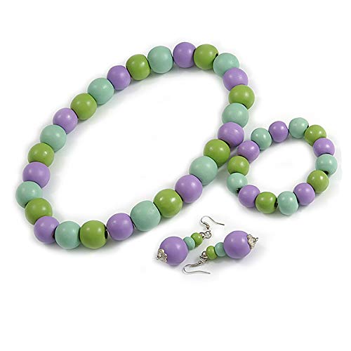 Collar, pulsera y pendientes de madera morada y verde para un look boho chic alegre 6