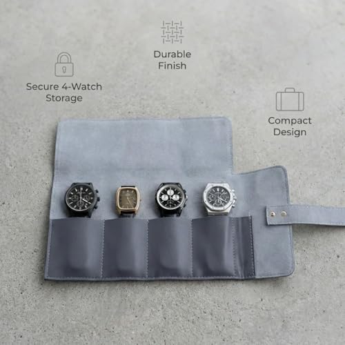 Image of Folk Creations Watch Roll for 4 Watches | Vegan Leather Travel Case for Men | Velvet Cushion Organizer | Gift for Collectors | Scratch-Proof Watch Storage Box, Grey