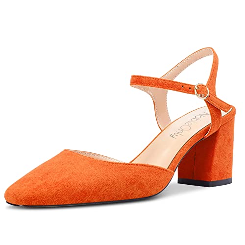 NobleOnly Mujer Medio Chunky Ancho Heel Cerrado el Dedo del pie Cuadrada Punta Slingback Correa Tobillo Sandalias Fiesta Dress Zapatos 6.5 CM Heels Naranja 35 EU