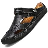  GURGER Sandalen Herren Sommer Leder Clogs Outdoor Slipper Geschlossen Zehentrenner Pantoletten 42 Größe Schwarz