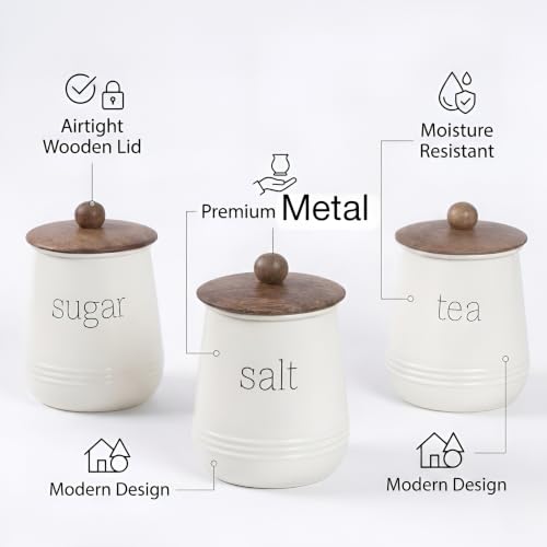 Image of Stylish Airtight Container for Kitchen, Tea Sugar Salt Storage, White, Metal with Wooden Lid & Spoon, 1000ml, Canister for Kitchen Counter top | Food-Safe Jar Set of 3 (Tea Sugar & Salt)