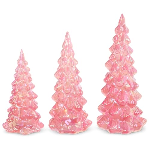 One Holiday Way Set Of 3 (12", 10.25", 8.25") Led Lighted Iridescent Pastel Pink Mercury Glass Christmas Trees For Tabletop W/Timer cover