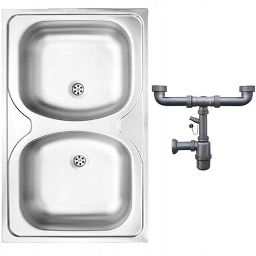 DomoDomo Fregadero cocina 2 senos 80x50 cm satinado de sobre encimera inoxidable acero resistente fregaderos