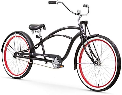 Firmstrong Urban Man Deluxe Single Speed Stretch Beach Cruiser Bicycle, 26-Inch, Matte Black/ Red Rim