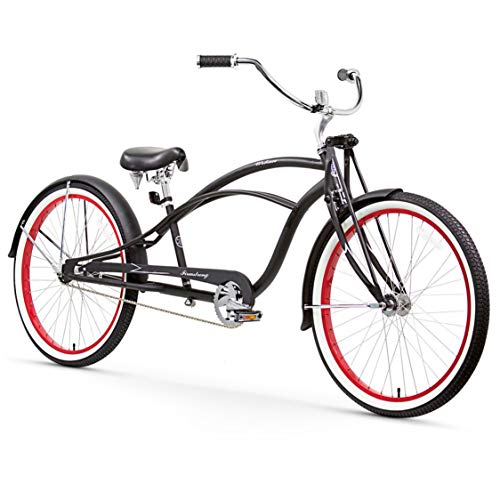 Firmstrong Urban Man Deluxe Single Speed Stretch Beach Cruiser Bicycle, 26-Inch, Matte Black/ Red Rim -  1174