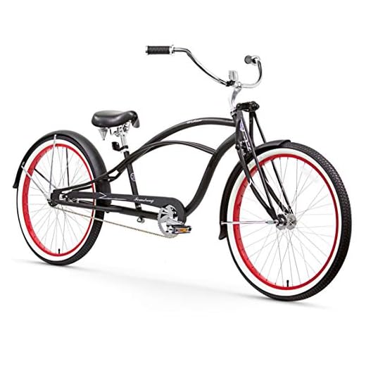 Firmstrong Urban Man Deluxe Single Speed Stretch Beach Cruiser Bicycle, 26-Inch, Matte Black/ Red Rim