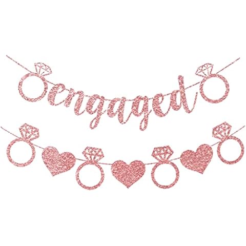 Morndew 2 Set Rose Gold Glitter Diamond Ring Engaged Banner for Wedding Party Bridal Shower Bunting Decorations Cover