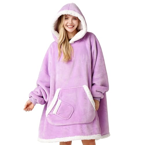 Giggling Getup Wearable Blanket Hoodie for Women Men Gifts for Women Mom Wife Sherpa Fleece Hooded Blanket Sweatshirt Warm Cozy Sherpa Wearable Throw with Pocket and Sleeves for Adult Oversize Violet