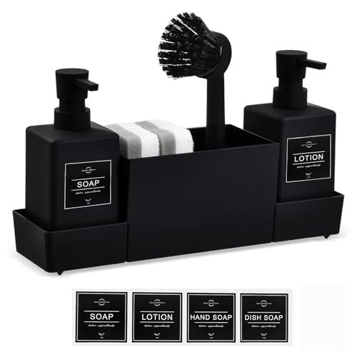 Distributeur Liquide Vaisselle 4 en 1, Organisateur Évier Cuisine Pratique avec Porte Éponge et Brosse, Distributeur Savon Cuisine Élégant pour Salle de...