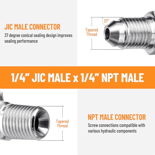 Image of 5 Pack 90 Degree Elbow Hydraulic Adapter Fittings: 1 /4 inch JIC Male x 1 /4 inch NPT Male, with Protection Cover Hydraulic Hose Crimp Connectors | 5 Pack Carbon Steel Hydraulic Hose Crimp Connectors with Protective Covers for Hydraulic Applications - 2501-04-04