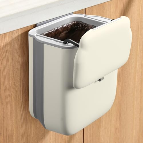 CHEPULA Foldable Hanging Trash Bin with Lid, 10L Rubbish Bin Kitchen Compost Bin Hanging Trash Can for Counter top/Under Sink/Kitchen/Camping/Car/Bathroom/Office/Bedroom