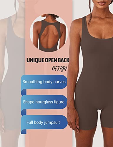 Simple Flavor Women's One Piece Yoga Jumpsuit Shorts Sleeveless Backless Bodycon Workout Ribbed Romper(6871Br,M) #TOP4
